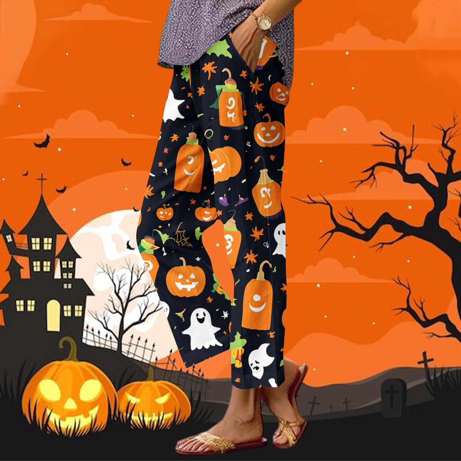 

Женские повседневные модные брюки прямого кроя с принтом на Хэллоуин, брюки с карманами M чёрный