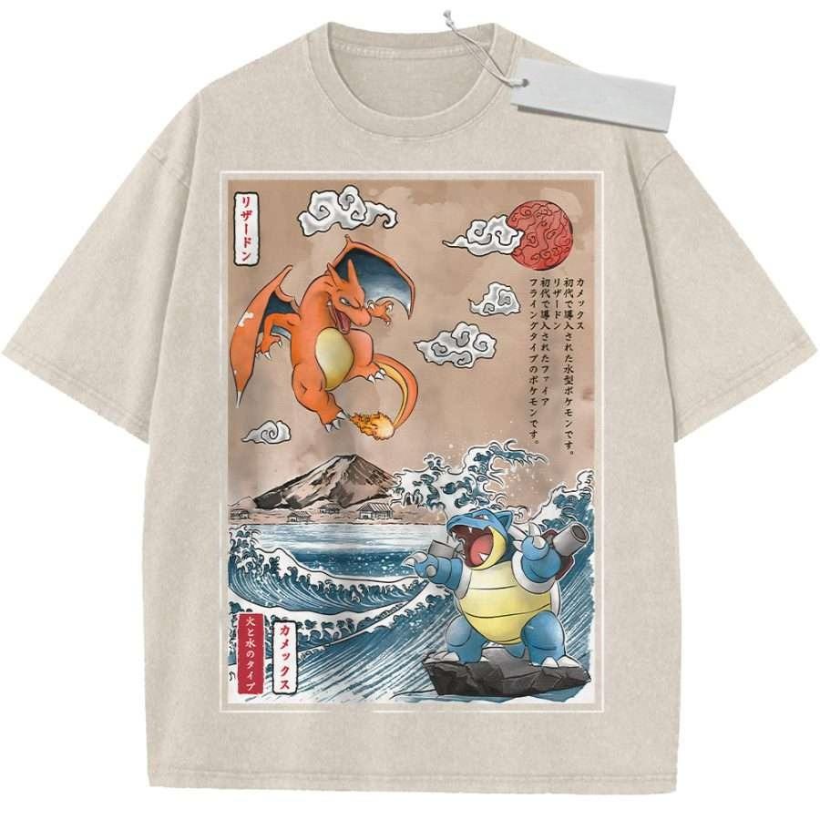 T Shirt Sports T Shirt Short Sleeve T Shirt Rose Red Unisex Pure Cotton Washed Vintage Anime Pokemon Charizard Squirtle Print M