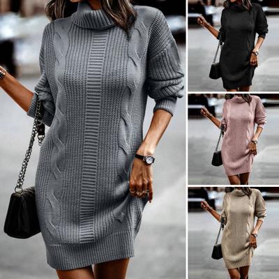Lady Dress Dress Turtleneck Long Sleeve Twist Plus Size Texture Pullover Mini Dress Sexy Solid Color Thickened Warm Loose