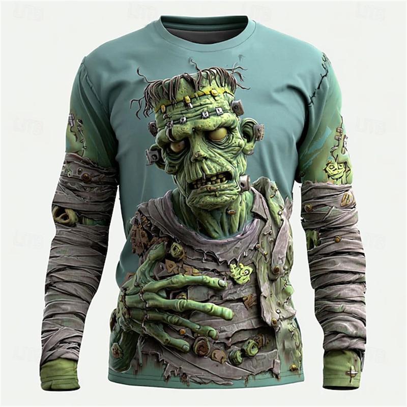 Monster Print Casual Men's Long-sleeved T-shirt Outdoor Vacation Round-neck Long-sleeved Spring and Autumn Clothing