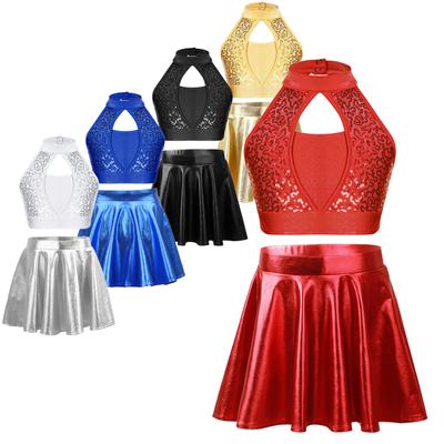 Mädchen Kinder glänzende Pailletten ärmellose Crop Tops und A-Linie Rock Cheerleading Dance
