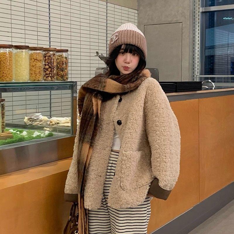 Crew Neck Lamb Wool Coat Thickened Wool Women's Autumn and Winter Imitation Rex Rabbit Fur Integrated Loose Lazy Fur Coat