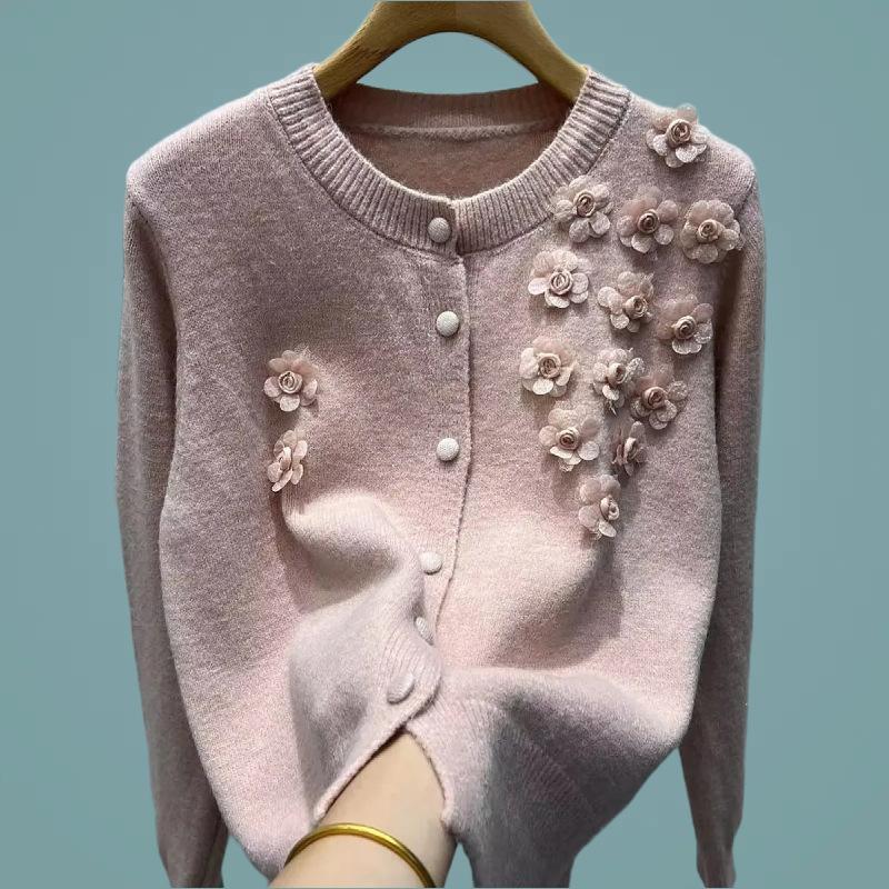 

Fashion New Knitted Cardigan Three-dimensional Flower Sweater Women s Jacket Heavy Industry Crew Neck Solid Color Short Top One size светло-розовый
