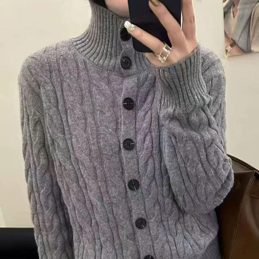 Women's Wool Cable Knit Cardigan: Retro Stand Collar Loose Sweater Coat, Available in Multiple Colors