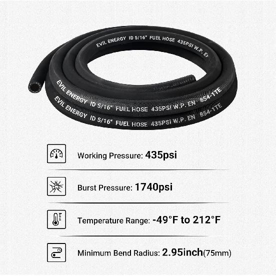 EVIL ENERGY 5/16" High Pressure Fuel Line Hose 435 PSI E85 For Fuel Systems Engines NBR Rubber 5FT EN854-1TE