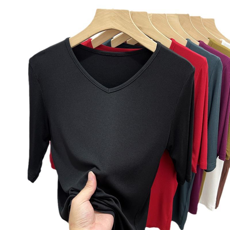 Women's Black V-Neck Three-Quarter Sleeve Loose Fit T-Shirt, 2025 Collection
