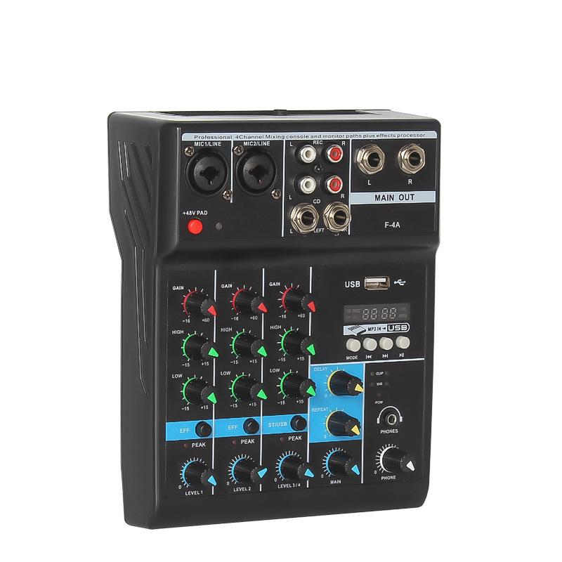 Professional 4-Channel USB Audio Mixer with Special Effects, Bluetooth, and Sound Card for Home DJ.