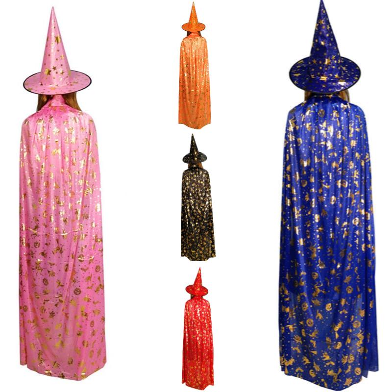 Gold Foil Cloak Costume Witch Hat Kids Adults Halloween Party Performance Stage