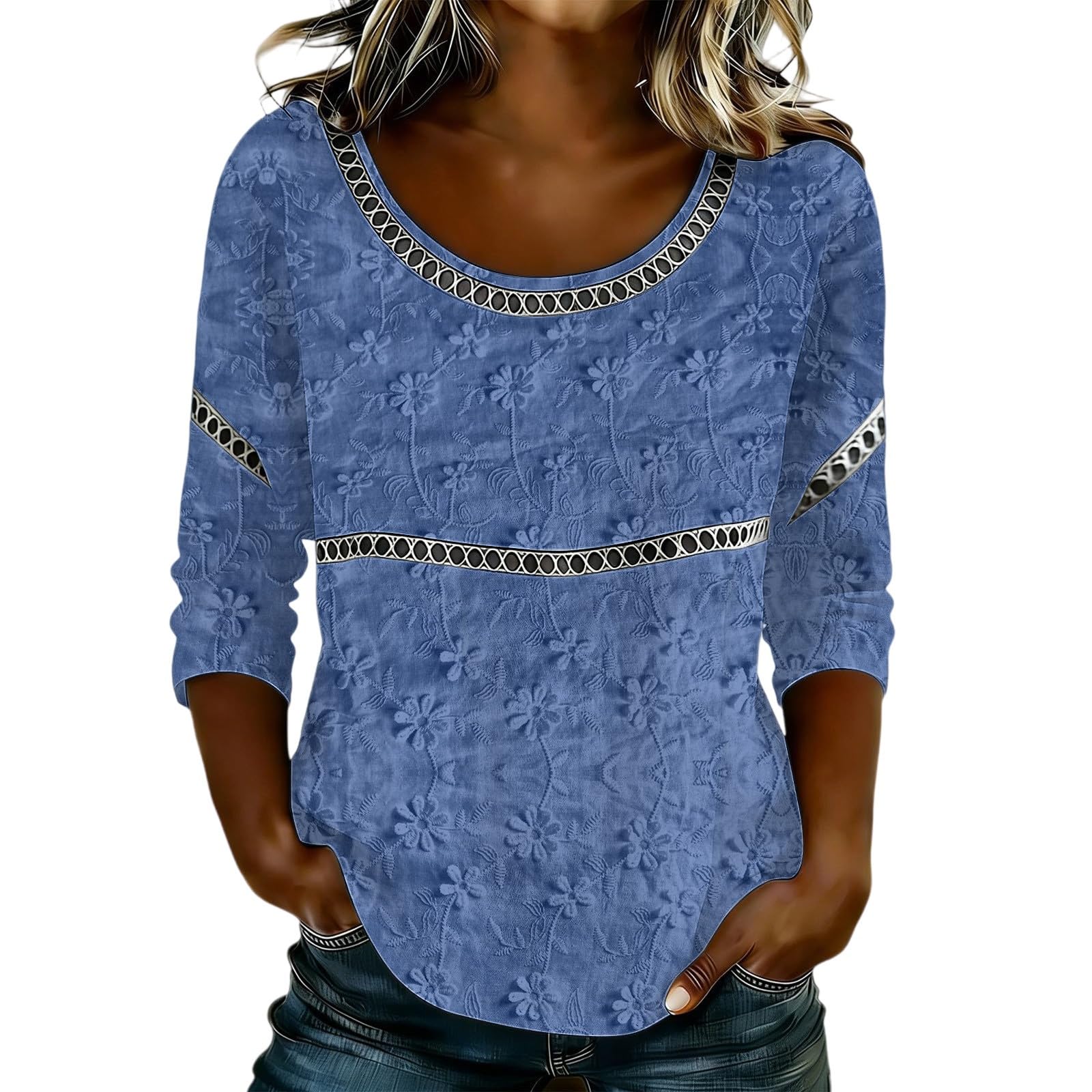 

Women s Fashionable Casual Floral Print Seven Quarter Sleeved Round Neck T-Shirt Top L синий