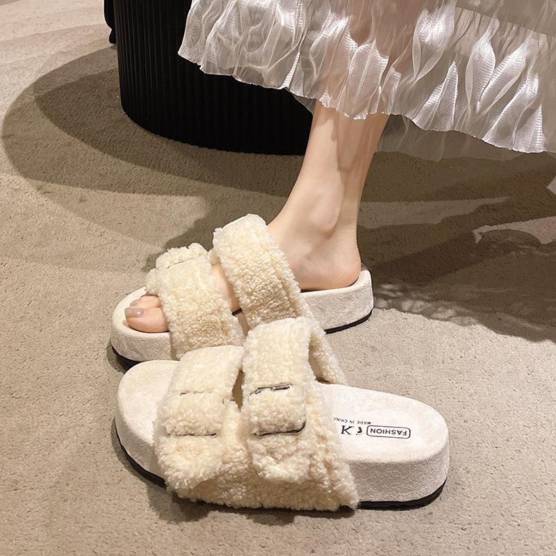 Double-button thick-soled fluffy slippers for women's 2025 autumn and winter new models, high-end external wear, fashionable open-toed external wear,