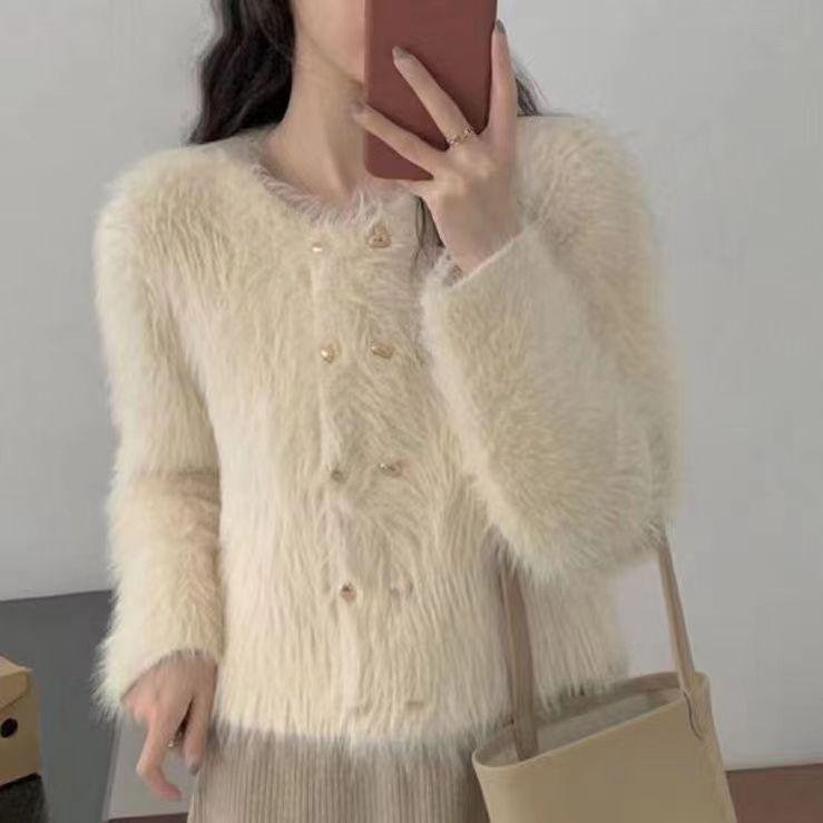 

Кардиган для тяжелой промышленности, женское пальто с зарубежной имитацией норкового флиса, вязаный кардиган, двухрядное пальто на пуговицах в форме сердца, женское One Size бежевый