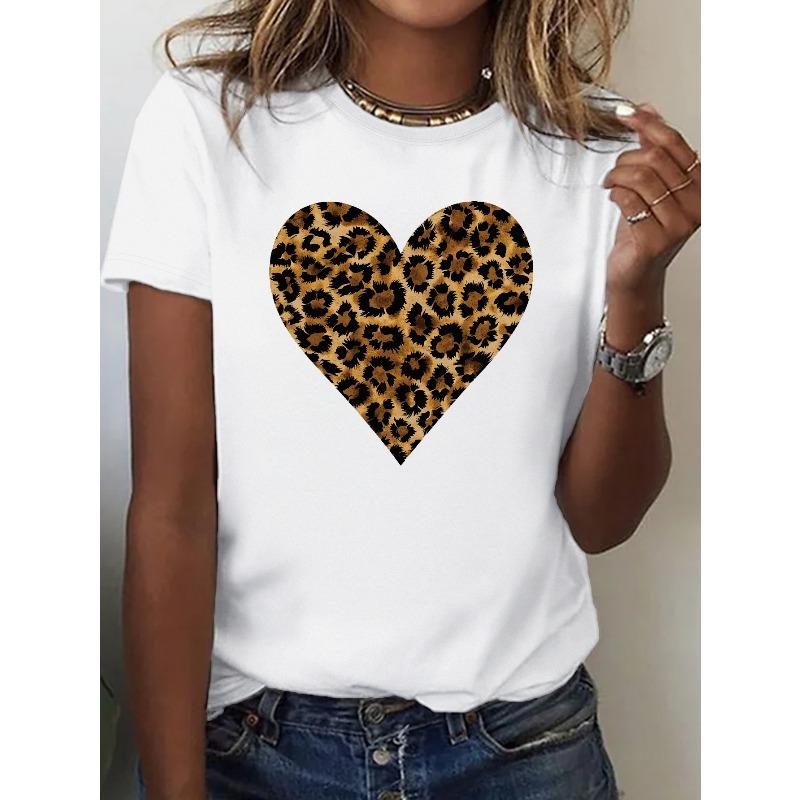 

European Size Women s Soft Leopard Print Heart T-Shirt - Casual Crew Neck, Short Sleeve, Lightweight & Comfortable Fit, Machine Washable 4XL білий
