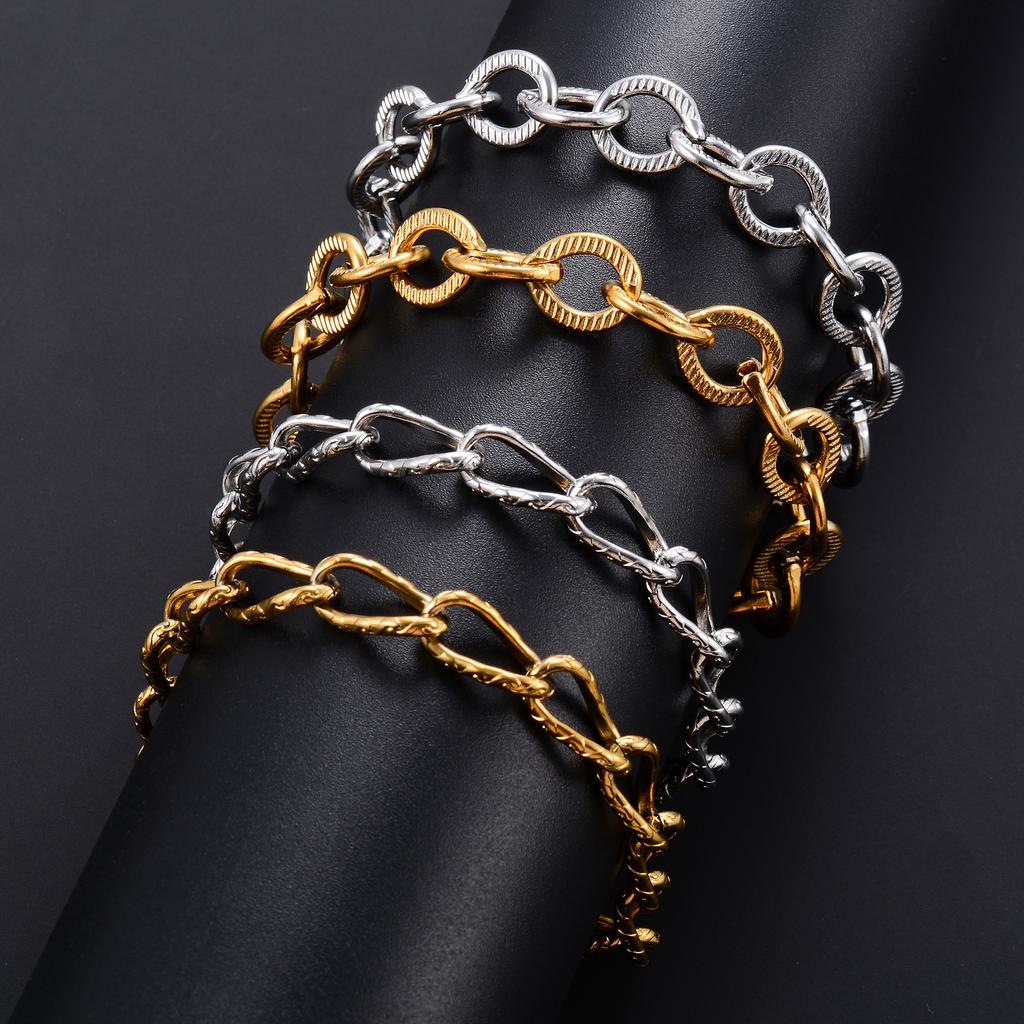 Punk Embossed Stainless Steel Link Chain Chunky Bracelet for Women Men Rock Boy Hand Ankle Chain Wristband Anklets Metal Jewelry