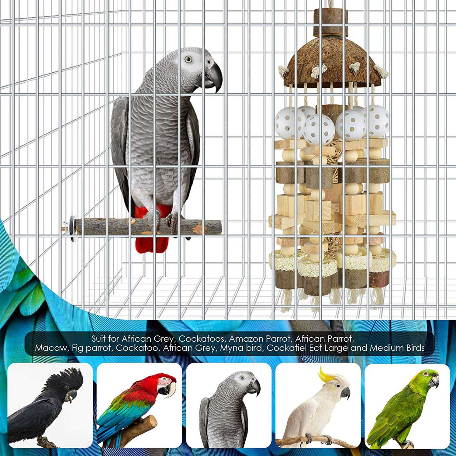 B-Est Bird Parrot Toy, Large Parrot Toy Natural Wooden Blocks Bird Chewing Toy Parrot Cage Bite Toy Suits For Macaws Parrots