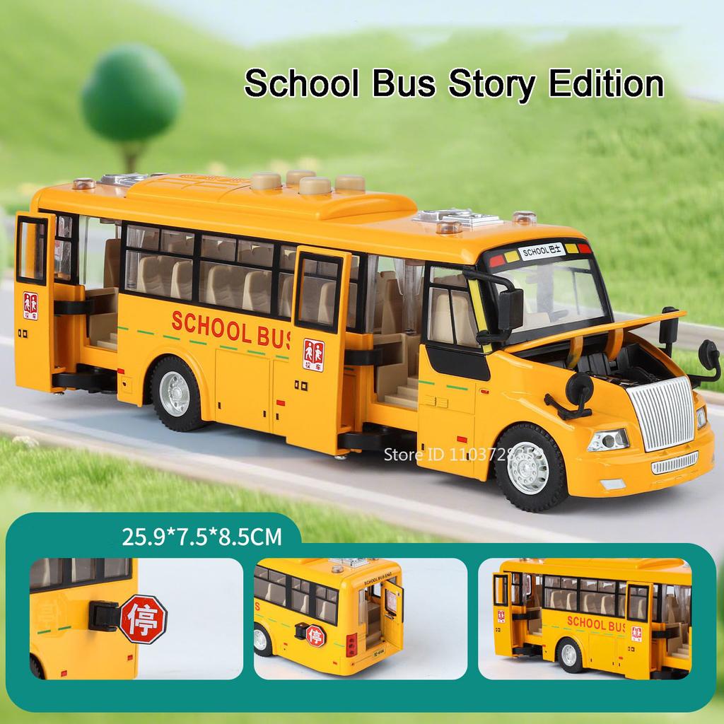 1:24 Ambulance School Bus Model Toy Cars Alloy Diecast Sound Light Doors Opened Pull Back Simulation Vehicle for Kids Edutainmnt