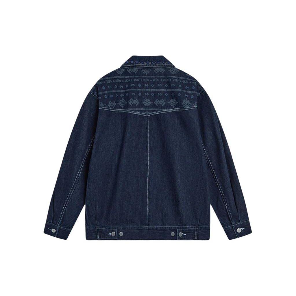 Li Ning Sports Lifestyle Series Pattern Printed Loose Collar Washable Denim Jacket Men Jacket Denim-Blue AJDT365-1