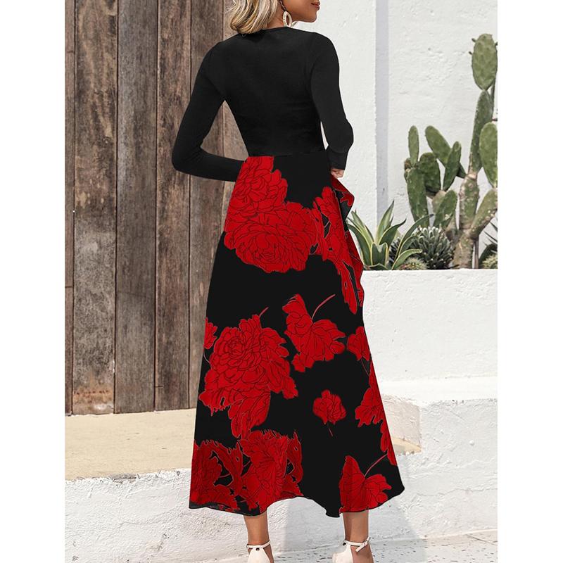 Rochie Casual Elegantă Slim cu Mâneci Lungi de Primăvară pentru Femei, Modă Toamnă, Imprimeu Îmbinat, Rochii Lungi Vintage pentru Femei, Talie Înaltă, Linie A, Rochie Sexy de Petrecere 25943