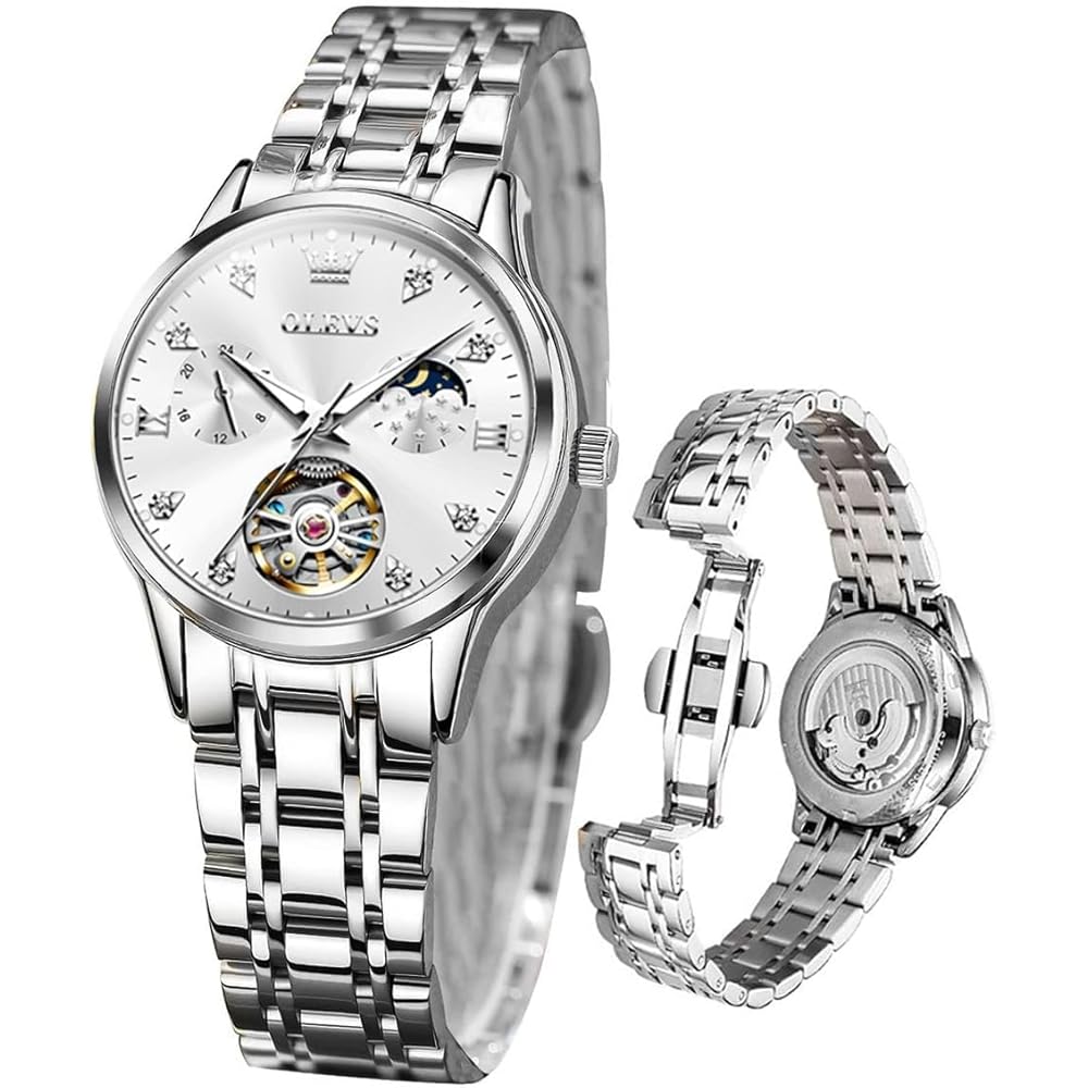 OLEVS Women s Automatic Mechanical Watch Waterproof Luminous Diamond White Wristwatch