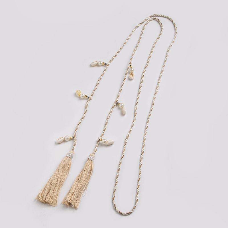 Ethnic Style Cotton Linen Waist Rope With Wooden Beads And Tassels For Casual Wear