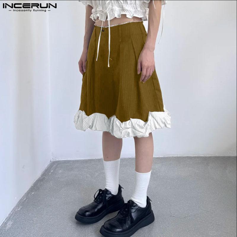 INCERUN Men Zip-up Waist Striped Ruffled Hem Loose Half Pants Shorts