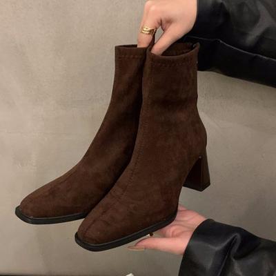 Hoge Hakken Dames Sneeuw Enkellaarsjes Suède Vierkante Neus Schoenen Winter Designer Chelsea Boots 2024 Trend Goth Gladiator Botas De Mujer