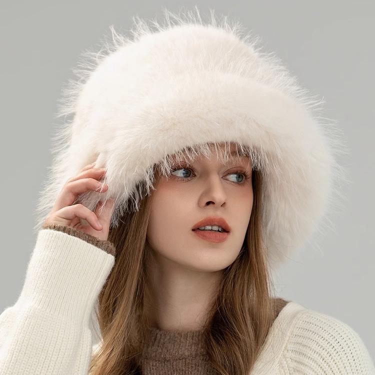 New Imitation Fox Hair Bucket Hat Women's Autumn and Winter Fashion Versatile Thickened Warm Plush Top Hat Japanese Show Small Face