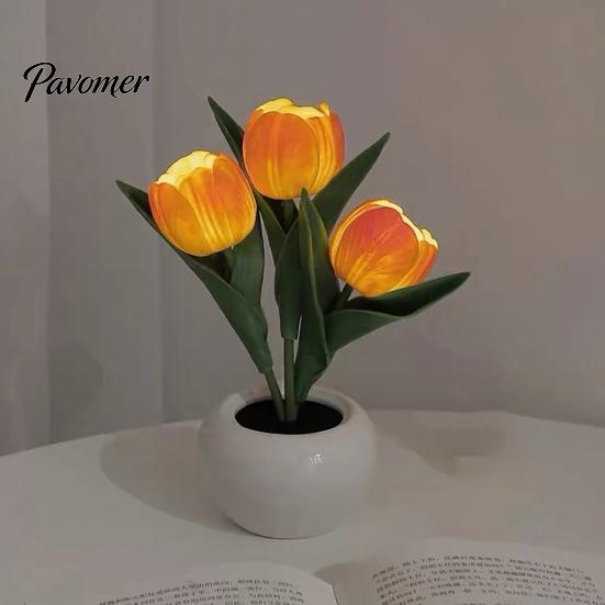 Wedding Centerpiece Table Lamp LED Tulip Flower Lamp, Battery Powered Artificial Night Light with Office Desk Decorative Ornament Ceramic Pot, Floral