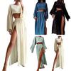 2 Pcs/Set Women Crop Top Skirt Set Long Sleeve Slant Neck Short Top High Waist Split Skirt Solid Color Vacation Beach Bikini Coverup Club Party Top