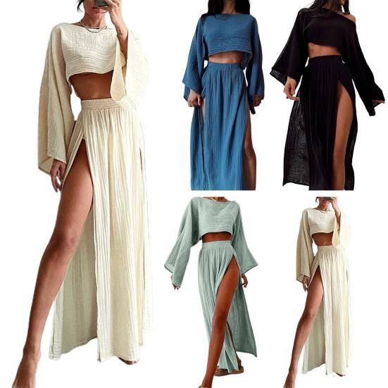2 Pcs/Set Women Crop Top Skirt Set Long Sleeve Slant Neck Short Top High Waist Split Skirt Solid Color Vacation Beach Bikini Coverup Club Party Top