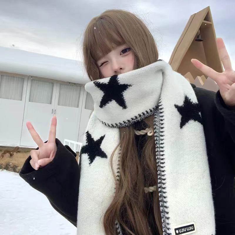 Korean Style Star Knit Wool Blend Scarf Women Winter Warm Cozy Academic Chic Accessory