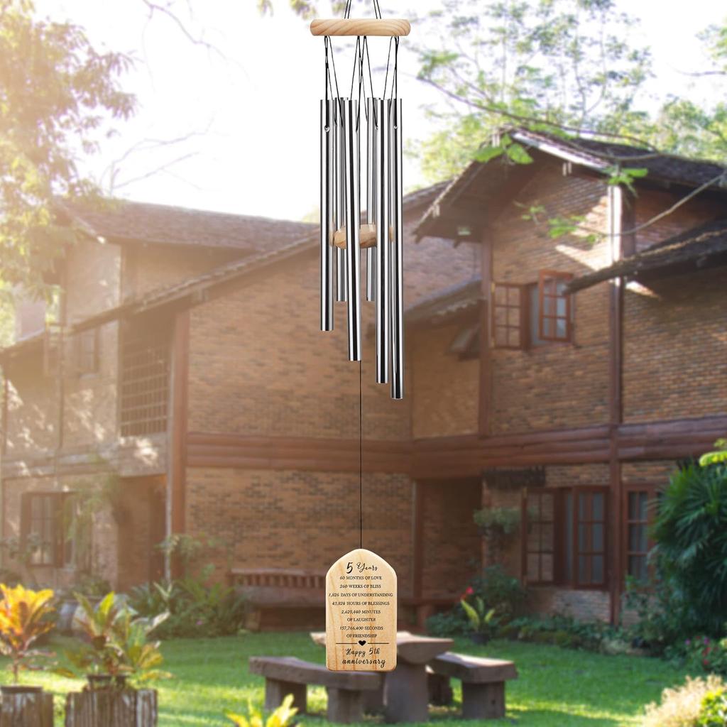 5 Years Anniversary Wind Chime, Happy 5th Anniversary Gift, 5 Years of Marriage, Wood Wedding Anniversary Keepsake for Couples Husband Wife,