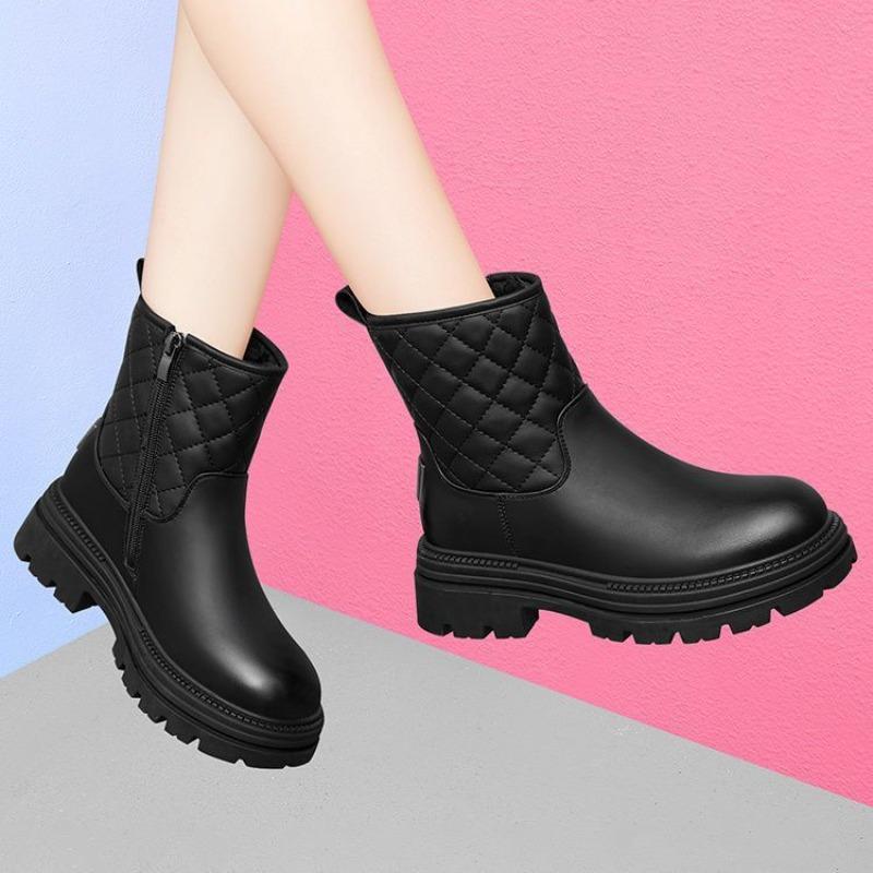 Fashion Leather Waterproof Chunky Women's Snow Boots Winter Fleece-lined Booties Trend 2025 Sale Fashion Plush Warm Luxury Ladies Shoes