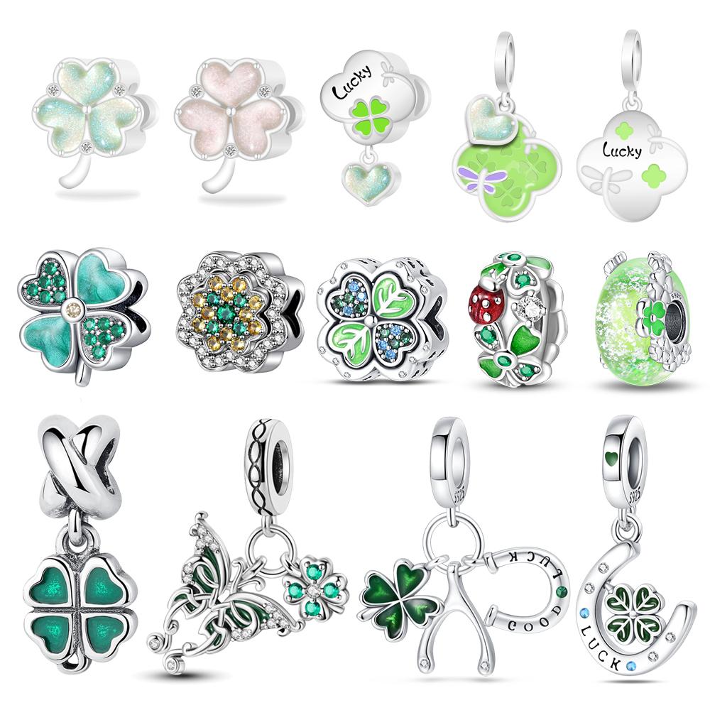 Four-leaf Clover Series Copper Metal Green Clover Plant Horseshoe Number Charm Bead Component Compatible With Do It Yourself Bracelet High Quality
