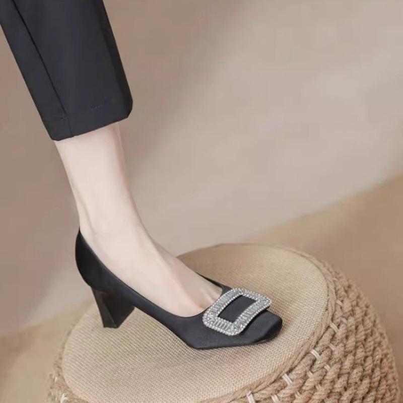 

thick heel square head high heels fairy shoes with skirt autumn new one-pedal temperament single shoes light mouth shoes 41 чёрный