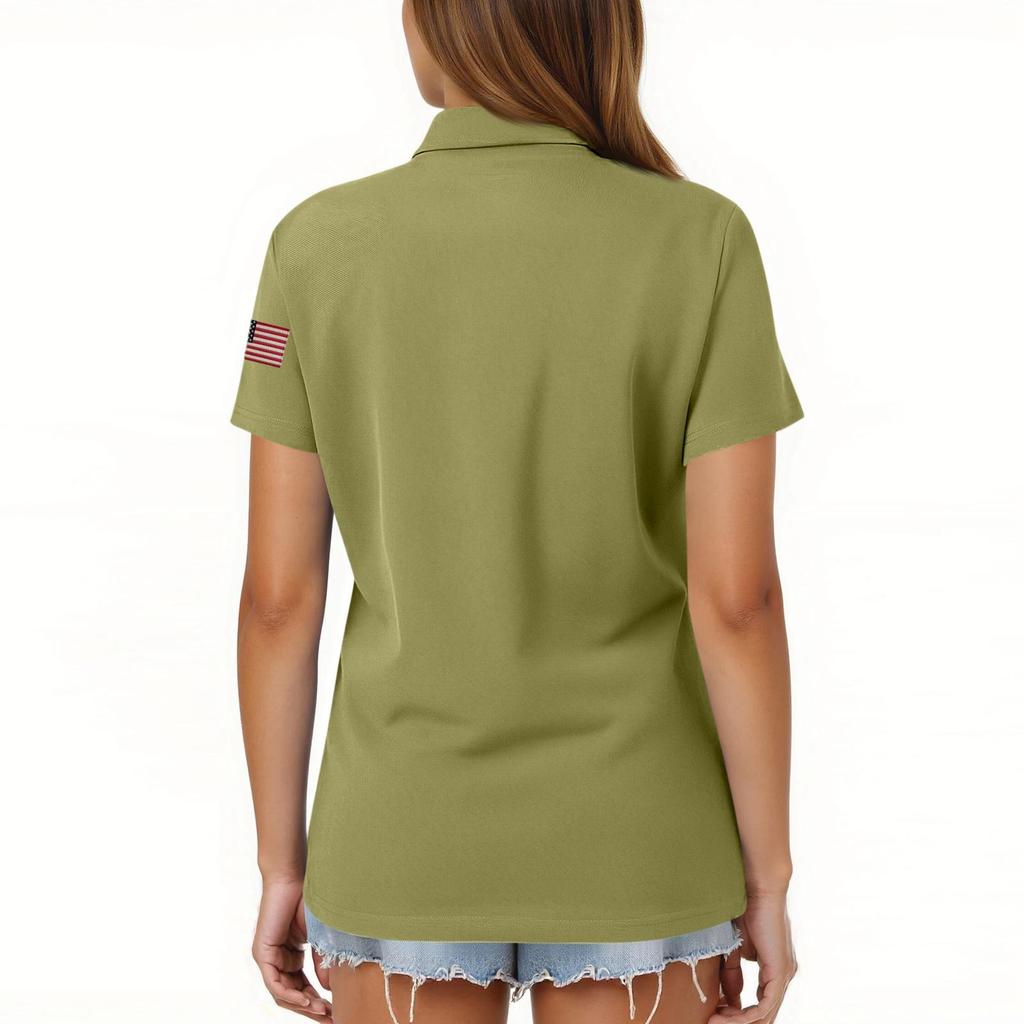 Women’s Short Sleeve Polo Shirt with Printed Flag Design Button Front Collar Casual Fit Top for Everyday Wear