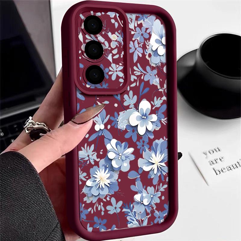 Blue and White Flowers Case For Samsung Galaxy A57 A37 A17 A56 A36 A26 A16 5G A55 A35 A15 A54 S21 FE S22 S23 S24 Plus S25 Edge S26 Ultra Cover