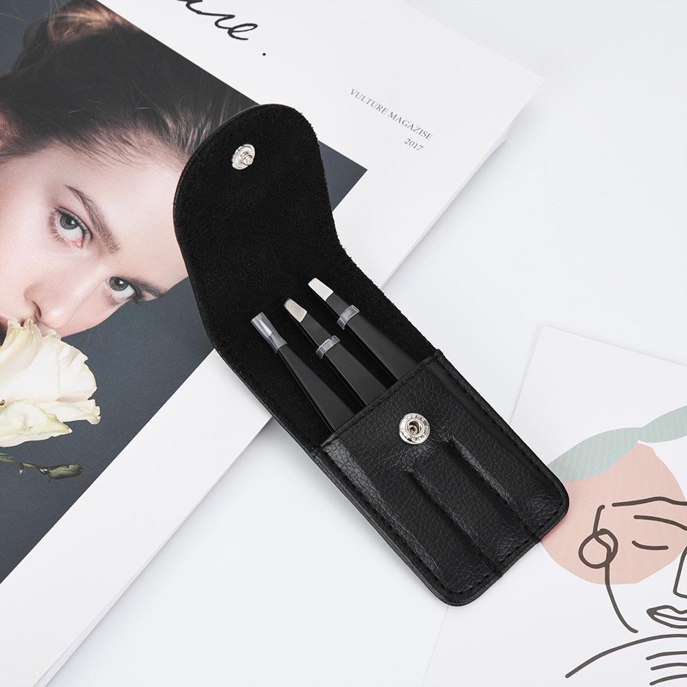 Stainless Steel Eyebrow Tweezer 1.5mm Thick, Black/Pink, Precision Slant Tip with Leather Case.