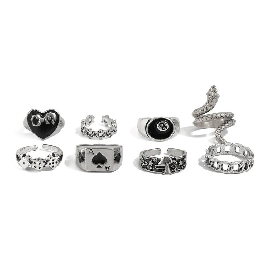 IngeSight.Z 8Pcs Vintage Punk Dice Love Heart Ring Women Gothic Creative Silver Color Metal Finger Rings Jewelry Halloween Gift