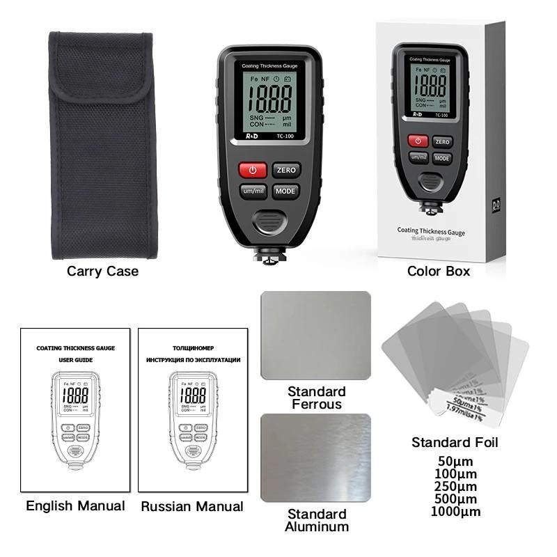 R&D TC100 Coating Thickness Gauge 01micron/0-1300 Car Paint Film Tester Standard Accuracy Measuring FE/NFE Russian Manual Paint