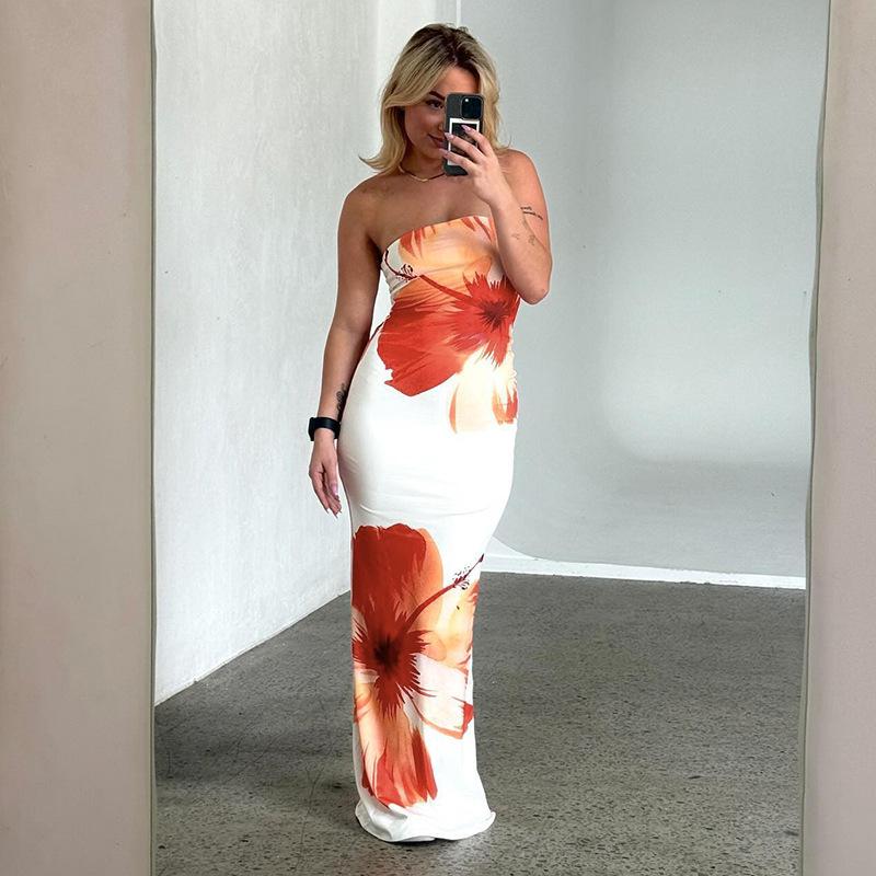 Hochwertiges europäisches und amerikanisches trägerloses Sommerkleid mit Aufdruck für Damen: Sexy, Taillenbetonende, Hüftbetonende Mode
