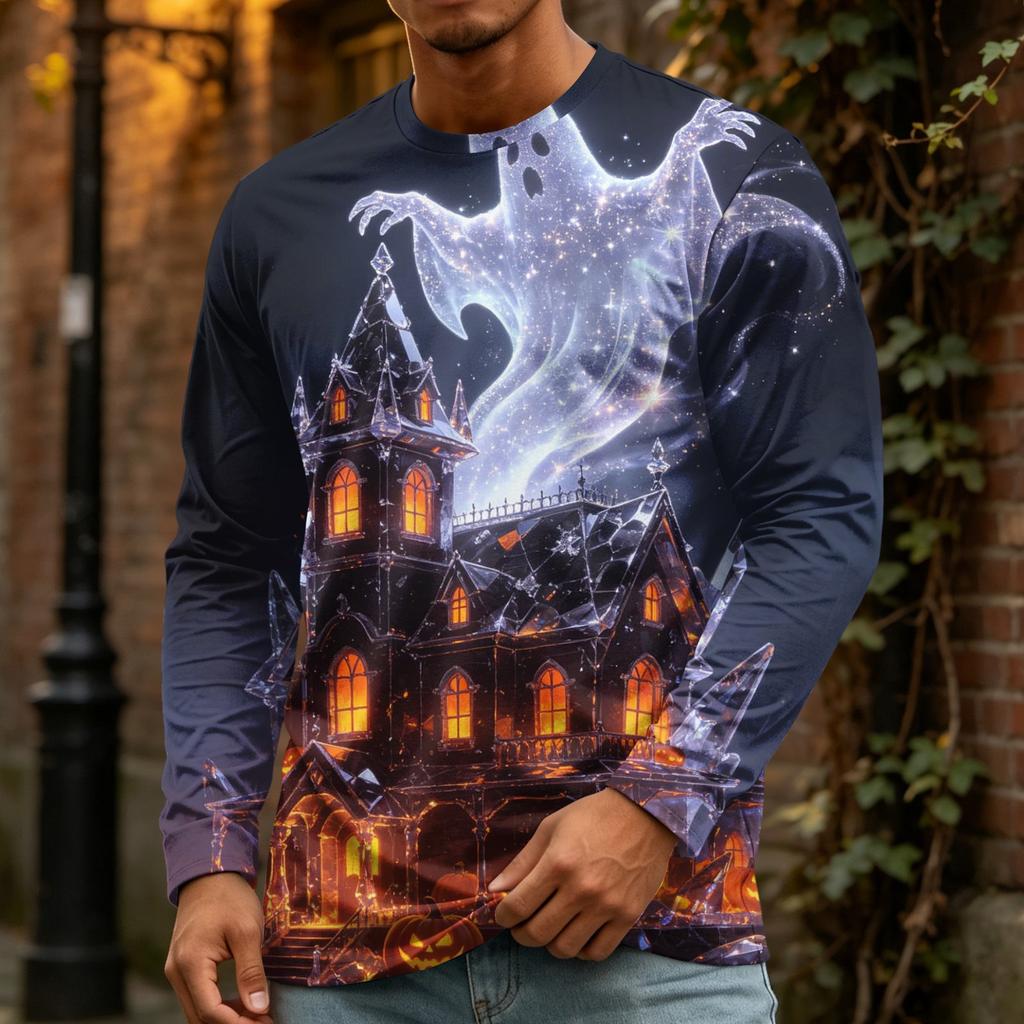 Men's Halloween Printed Crewneck Long Sleeve Top Casual Loose Fit