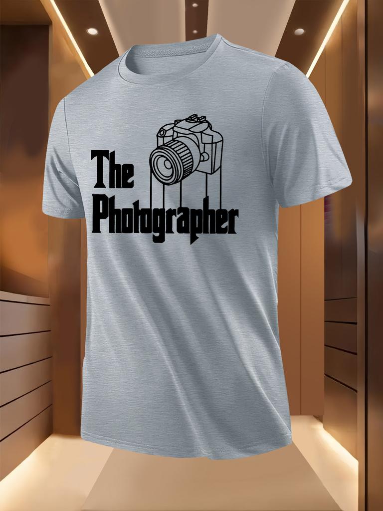 The Photographer Graphic - White Casual Short Sleeve Round Neck Tee with Camera & Light Rays Print T-shirt
