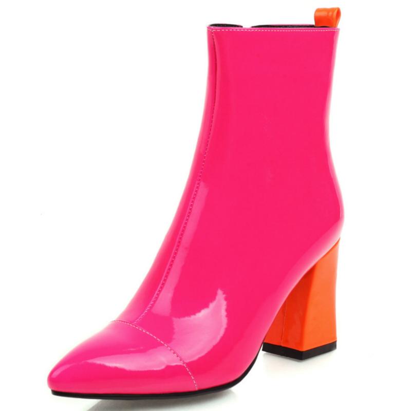 Móda Móda Dámské kotníkové boty Cukrová lakovaná kůže Žluté Růžové boty Dámské Vodotěsné Blokové podpatky Špičaté Párty boty Pro ženy