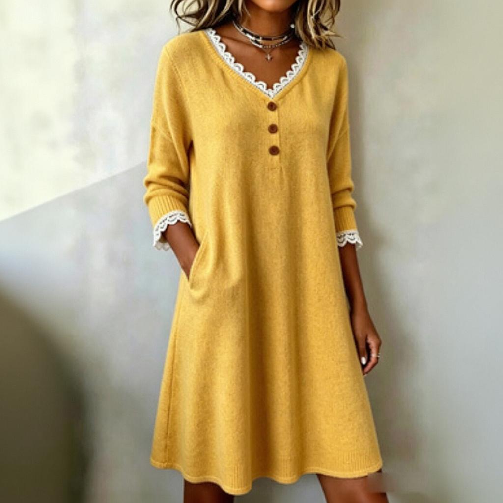 Women's Color V-Neck Sweater Dress with Lace Trim, Button and Two Pockets