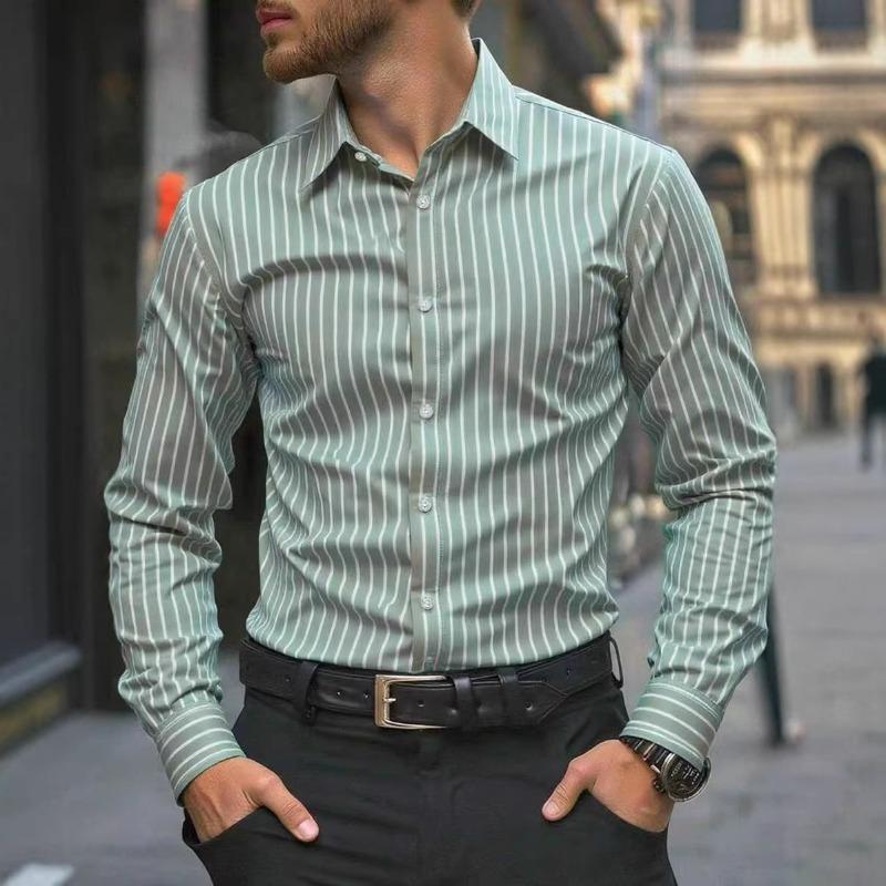 Men Green White Striped Long Sleeve Button Down Dress Shirt S