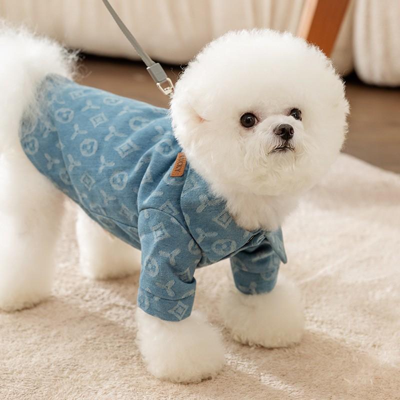 Pet Dog Jacket With Leash Loop Small Medium Breed Cotton Denim Two-Legged Coat Teddy Bichon