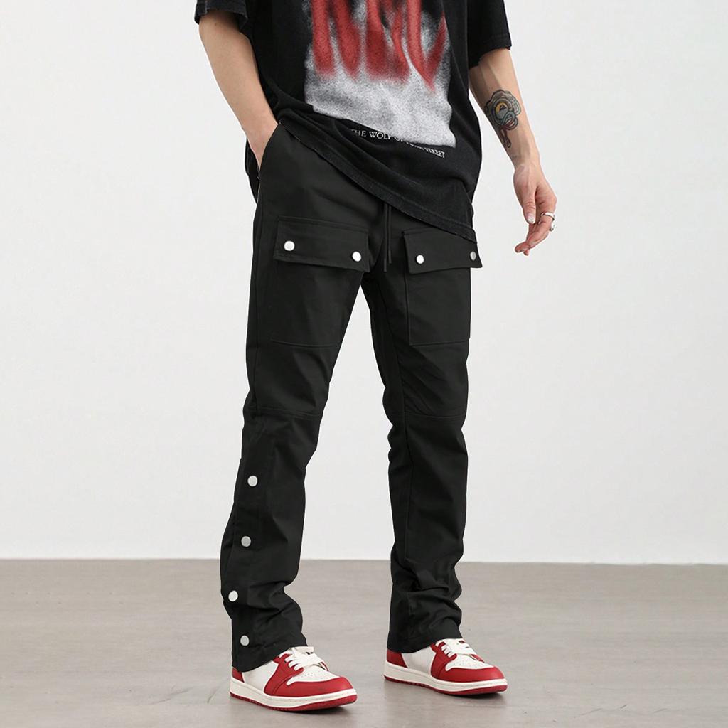 Men's Solid Color Retro Straight Wide Leg Trousers Men's Casual Fashion Multi Pocket Trousers