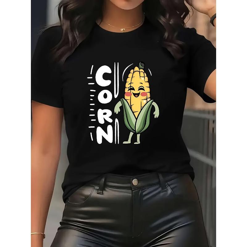 

Fun Cartoon Corn Women s Short-Sleeve T-Shirt - Featuring a Cute Joyful Face Pattern, This Casual Crewneck Top Is Easy to Pair, Breathable 4XL чорний
