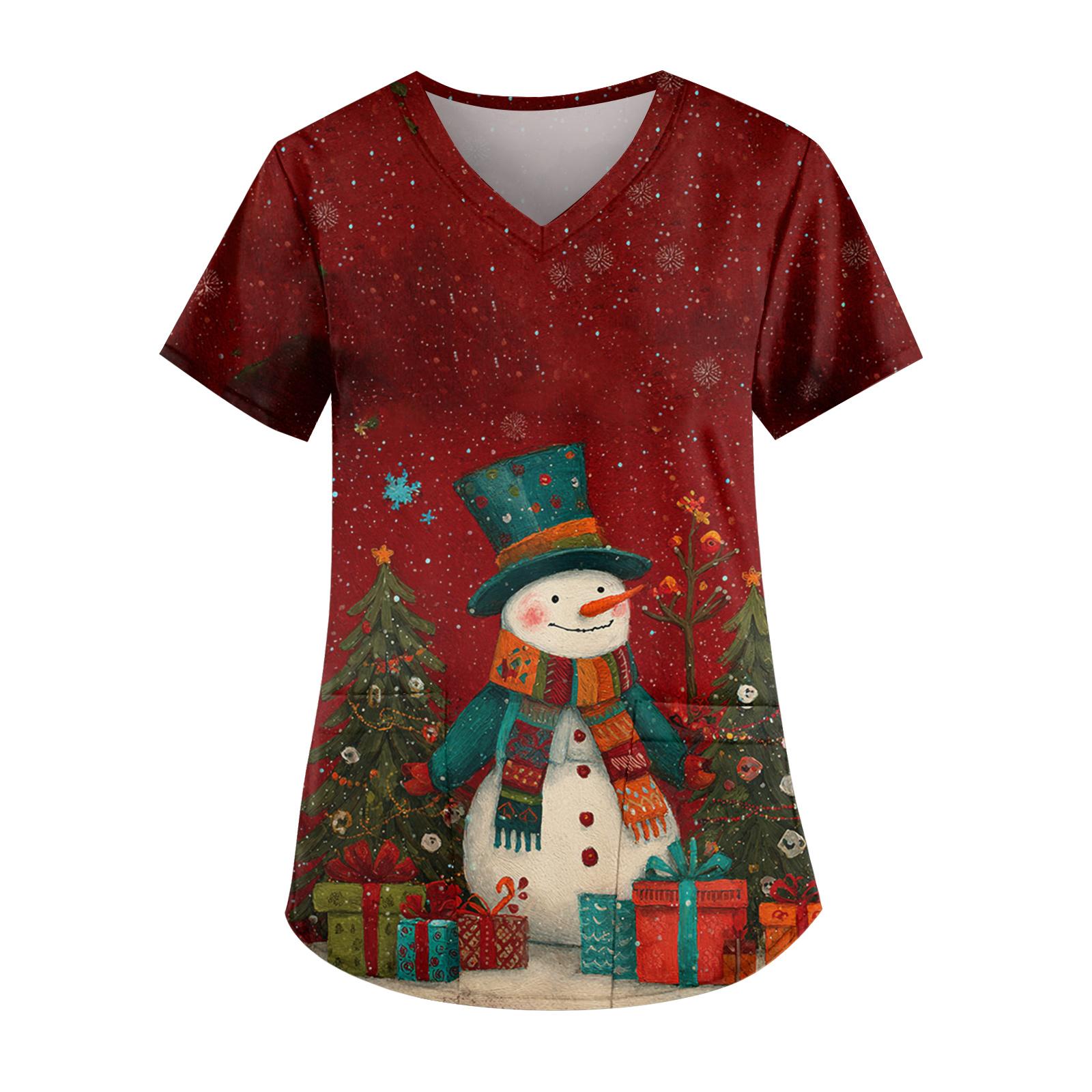 

Женская модная униформа для сиделки с V-образным вырезом, карманом и короткими рукавами с принтом рождественской елки M