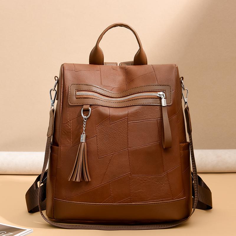 Women's PU Backpack with Patchwork Design Large Capacity Shoulder Bag for Daily Travel